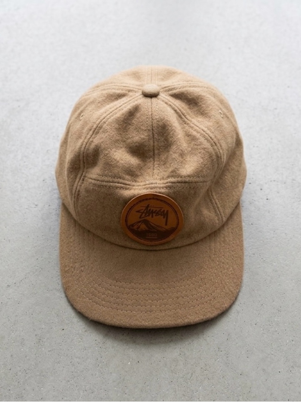 Stussy Tan Six-Panel Wool Cap with Leather Patch